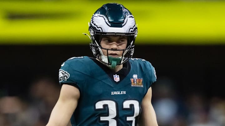 Feb 9, 2025; New Orleans, LA, USA; Philadelphia Eagles cornerback Cooper DeJean (33) against the Kansas City Chiefs during Super Bowl LIX at Ceasars Superdome. 