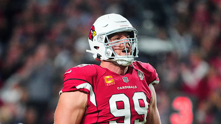 Cardinals JJ Watt (99) reacts after sacking Patriots quarterback Mac Jones (10) during the first half of a game at State Farm Stadium in Glendale on Dec. 12, 2022.