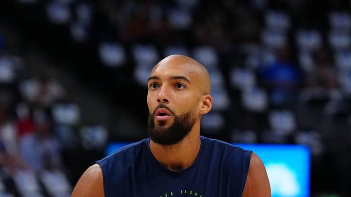 Apr 20, 2026; Denver, Colorado, USA; Minnesota Timberwolves center Rudy Gobert (27) warms up before game two of the first round of the 2026 NBA Playoffs against the Denver Nuggets at Ball Arena. Mandatory Credit: Ron Chenoy-Imagn Images