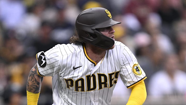 Aug 19, 2023; San Diego, California, USA; San Diego Padres left fielder Ben Gamel (16) hits a single