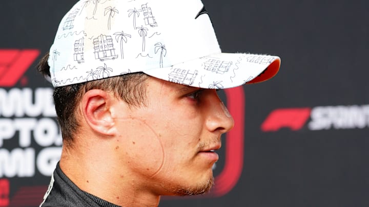 May 3, 2024; Miami Gardens, Florida, USA; McLaren driver Lando Norris (4) talks with the media after F1 Sprint Qualifying at Miami International Autodrome. Mandatory Credit: John David Mercer-USA TODAY Sports