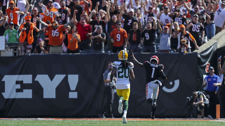 Cincinnati Bengals wide receiver Ja'Marr Chase scores a touchdown against the Green Bay Packers in 2021.