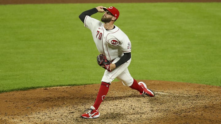 May 21, 2021; Cincinnati, Ohio, USA; Cincinnati Reds relief pitcher Tejay Antone (70) throws a pitch against the Milwaukee Brewers during the seventh inning at Great American Ball Park. Mandatory Credit: Katie Stratman-Imagn Images May 21, 2021; Cincinnati, Ohio, USA; Cincinnati Reds relief pitcher Tejay Antone (70) throws a pitch against the Milwaukee Brewers during the seventh inning at Great American Ball Park. Mandatory Credit: Katie Stratman-Imagn Images