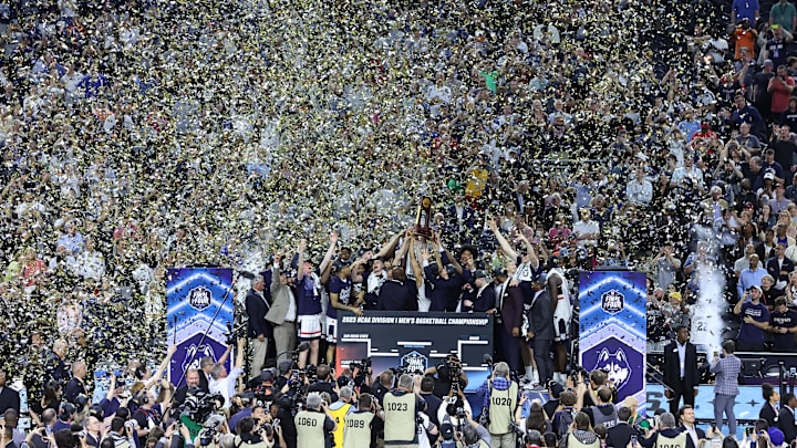 Apr 3, 2023; Houston, TX, USA; Connecticut Huskies players celebrate after defeating the San Diego