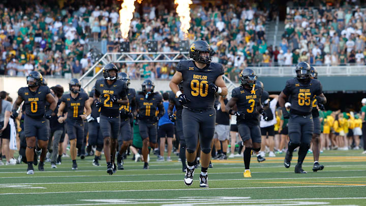 Sep 20, 2025; Waco, Texas, USA; The Baylor Bears take the field before opening kickoff against the Arizona State Sun Devils at McLane Stadium. Mandatory Credit: Chris Jones-Imagn Images