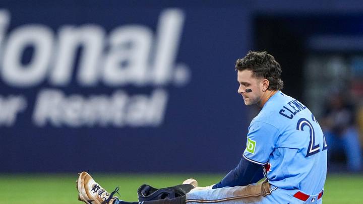May 13, 2026; Toronto, Ontario, CAN; Toronto Blue Jays second baseman Ernie Clement (22) reacts after being tagged out at second base during the seventh inning against the Tampa Bay Rays at Rogers Centre. May 13, 2026; Toronto, Ontario, CAN; Toronto Blue Jays second baseman Ernie Clement (22) reacts after being tagged out at second base during the seventh inning against the Tampa Bay Rays at Rogers Centre.