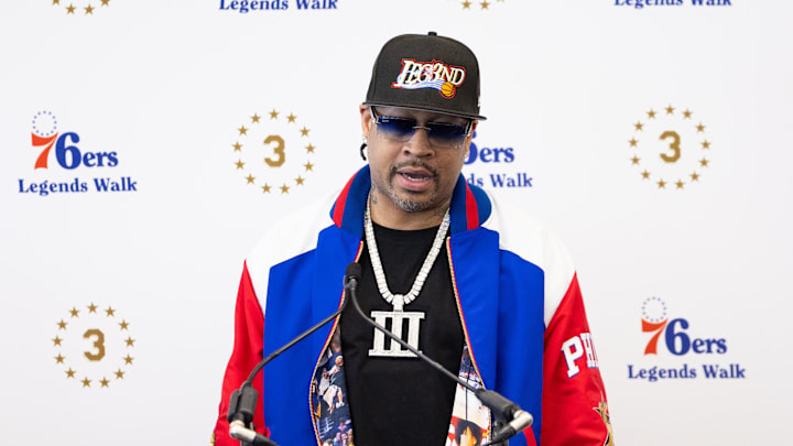 Apr 12, 2024; Camden, NJ, USA; Philadelphia 76ers great Allen Iverson speaks at the podium during the unveiling of a statue honoring him in a ceremony at Penn Medicine Philadelphia 76ers Training Complex. Mandatory Credit: Bill Streicher-Imagn Images Apr 12, 2024; Camden, NJ, USA; Philadelphia 76ers great Allen Iverson speaks at the podium during the unveiling of a statue honoring him in a ceremony at Penn Medicine Philadelphia 76ers Training Complex. Mandatory Credit: Bill Streicher-Imagn Images