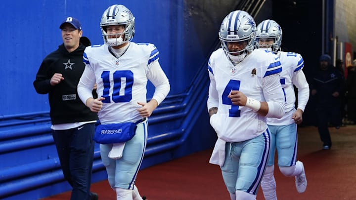 Dec 17, 2023; Orchard Park, New York, USA; Dallas Cowboys quarterback Cooper Rush (10) and