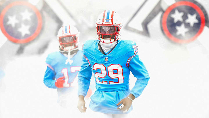 Jan 5, 2025; Nashville, Tennessee, USA; Tennessee Titans cornerback Jarvis Brownlee Jr. (29) takes the field against the Tennessee Titans  at Nissan Stadium. Mandatory Credit: Steve Roberts-Imagn Images
