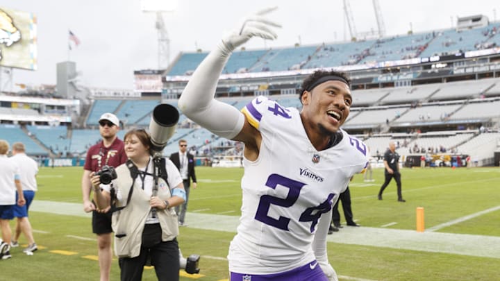 Nov 10, 2024; Jacksonville, Florida, USA; Minnesota Vikings safety Camryn Bynum (24) celebrates the win over the Jacksonville Jaguars at EverBank Stadium.