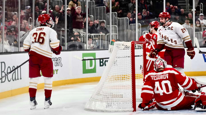 Andre Gasseau and Ryan Conmy celebrate after a goal at TD Garden on Feb. 9, 2026.