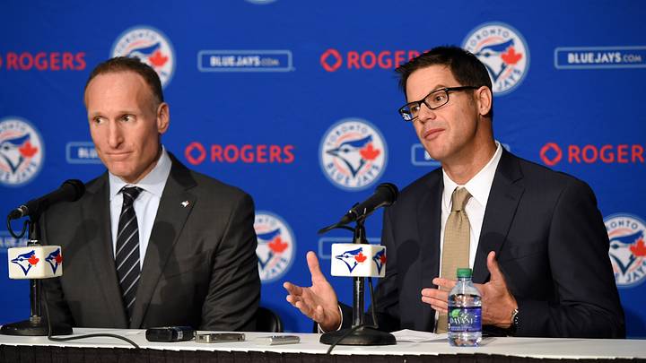 Toronto Blue Jays general manager Ross Atkins (right) and club president Mark Shapiro (left) . Toronto Blue Jays general manager Ross Atkins (right) and club president Mark Shapiro (left) .