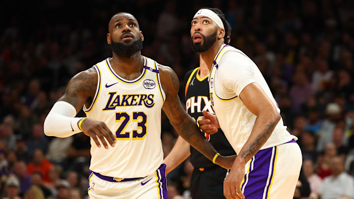 Nov 26, 2024; Phoenix, Arizona, USA; Los Angeles Lakers forward LeBron James (23) and forward Anthony Davis (3) against the Phoenix Suns during an NBA Cup game at Footprint Center. Mandatory Credit: Mark J. Rebilas-Imagn Images