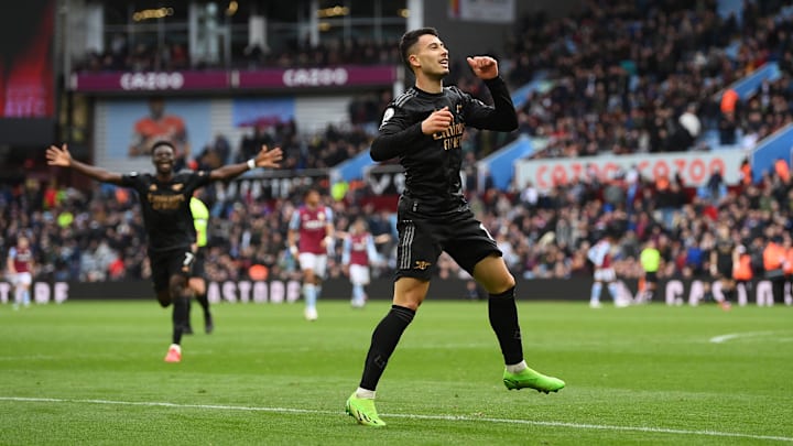 Gabriel Martinelli celebrates Arsenal's late fourth goal in a pulsating victory over Aston Villa