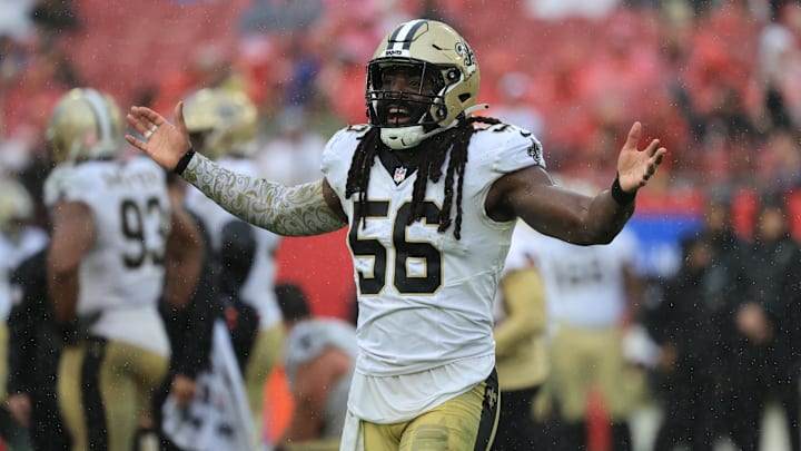 Dec 7, 2025; Tampa, Florida, USA; New Orleans Saints linebacker Demario Davis (56) reacts after a tackle during the second quarter against the Tampa Bay Buccaneers at Raymond James Stadium. Mandatory Credit: Kim Klement Neitzel-Imagn Images Dec 7, 2025; Tampa, Florida, USA; New Orleans Saints linebacker Demario Davis (56) reacts after a tackle during the second quarter against the Tampa Bay Buccaneers at Raymond James Stadium. Mandatory Credit: Kim Klement Neitzel-Imagn Images