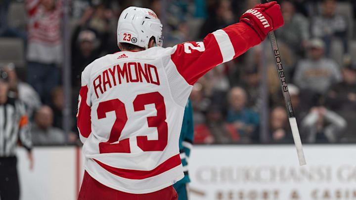 Detroit Red Wings left wing Lucas Raymond (23) reacts after a goal is scored. 