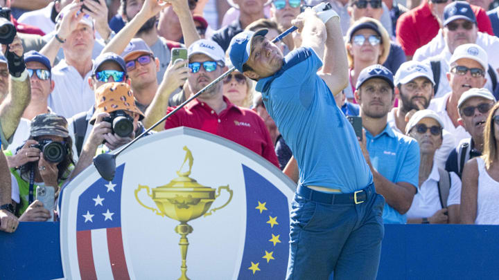 September 27, 2023; Rome, ITA; Team Europe golfer Viktor Hovland hits his tee shot on the 14th hole