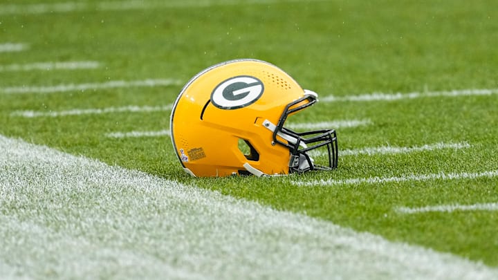 Oct 13, 2024; Green Bay, Wisconsin, USA;  General view of an Green Bay Packers helmet prior to the game against the Arizona Cardinals at Lambeau Field. Mandatory Credit: Jeff Hanisch-Imagn Images
