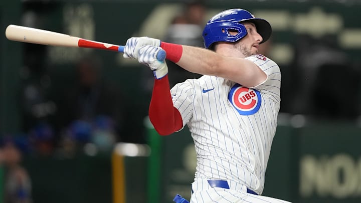 Mar 15, 2025; Bunkyo, Tokyo, Japan; Chicago Cubs right fielder Kyle Tucker (30) bats against the Hanshin Tigers during the seventh inning at Tokyo Dome. Mar 15, 2025; Bunkyo, Tokyo, Japan; Chicago Cubs right fielder Kyle Tucker (30) bats against the Hanshin Tigers during the seventh inning at Tokyo Dome.