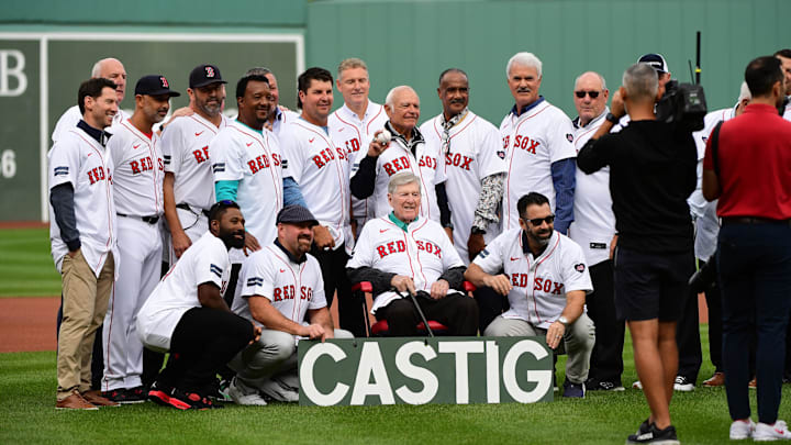 Sep 29, 2024; Boston, Massachusetts, USA;  Boston Red Sox radio announcer Joe Castiglione is honored prior to a game against the Tampa Bay Rays announcing his retirement at Fenway Park. Mandatory Credit: Bob DeChiara-Imagn Images