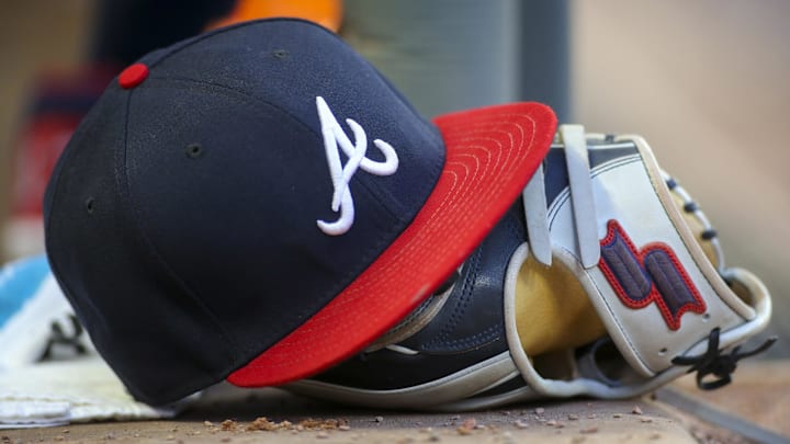 May 31, 2019; Atlanta, GA, USA; Detailed view of hat and glove of Atlanta Braves center fielder Ronald Acuna Jr. (not pictured) against the Detroit Tigers in the fourth inning at SunTrust Park. Mandatory Credit: Brett Davis-Imagn Images
May 31, 2019; Atlanta, GA, USA; Detailed view of hat and glove of Atlanta Braves center fielder Ronald Acuna Jr. (not pictured) against the Detroit Tigers in the fourth inning at SunTrust Park. Mandatory Credit: Brett Davis-Imagn Images