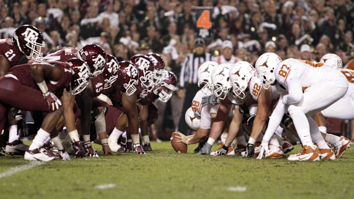 Nov 24, 2011; College Station, TX, USA; General view of the line of scrimmage during a game between the Texas A&M Aggies and Texas Longhorns in the third quarter at Kyle Field. Mandatory Credit: Brett Davis-Imagn Images