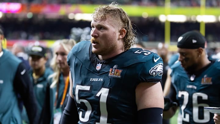 Feb 9, 2025; New Orleans, LA, USA; Philadelphia Eagles center Cam Jurgens (51) against the Kansas City Chiefs during Super Bowl LIX at Ceasars Superdome. Mandatory Credit: Mark J. Rebilas-Imagn Images Feb 9, 2025; New Orleans, LA, USA; Philadelphia Eagles center Cam Jurgens (51) against the Kansas City Chiefs during Super Bowl LIX at Ceasars Superdome. Mandatory Credit: Mark J. Rebilas-Imagn Images