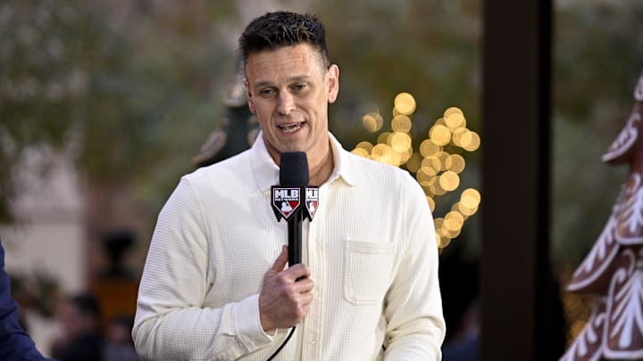 Dec 9, 2024; Dallas, TX, USA; Miami Marlins president of baseball operations Jerry Dipoto speaks with the MLB Network at the Hilton Anatole during the 2024 MLB Winter Meetings. Mandatory Credit: Jerome Miron-Imagn Images