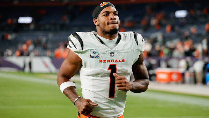 Sep 29, 2025; Denver, Colorado, USA; Cincinnati Bengals wide receiver Ja'Marr Chase (1) looks on after the game against the Denver Broncos at Empower Field at Mile High. Mandatory Credit: Isaiah J. Downing-Imagn Images