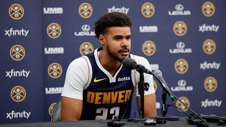 Sep 29, 2025; Denver, CO, USA; Denver Nuggets player Cam Johnson (23) address the media during media day at Ball Arena. Mandatory Credit: Isaiah J. Downing-Imagn Images Sep 29, 2025; Denver, CO, USA; Denver Nuggets player Cam Johnson (23) address the media during media day at Ball Arena. Mandatory Credit: Isaiah J. Downing-Imagn Images