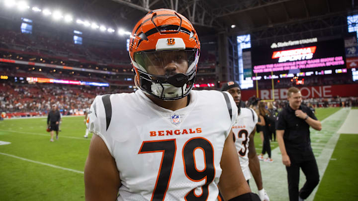 Oct 8, 2023; Glendale, Arizona, USA; Cincinnati Bengals offensive tackle Jackson Carman (79) against the Arizona Cardinals at State Farm Stadium. Mandatory Credit: Mark J. Rebilas-USA TODAY Sports