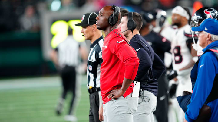 Houston Texans Head Coach, Demeco Ryans reacts after the Jets took a double two-score lead in the fourth quarter, Thursday, October 31, 2024, in East Rutherford.
