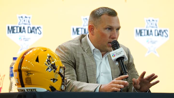 Jul 8, 2025; Frisco, TX, USA; Arizona State head coach Kenny Dillingham addresses the media during 2025 Big 12 Football Media Days at The Star. Mandatory Credit: Raymond Carlin III-Imagn Images