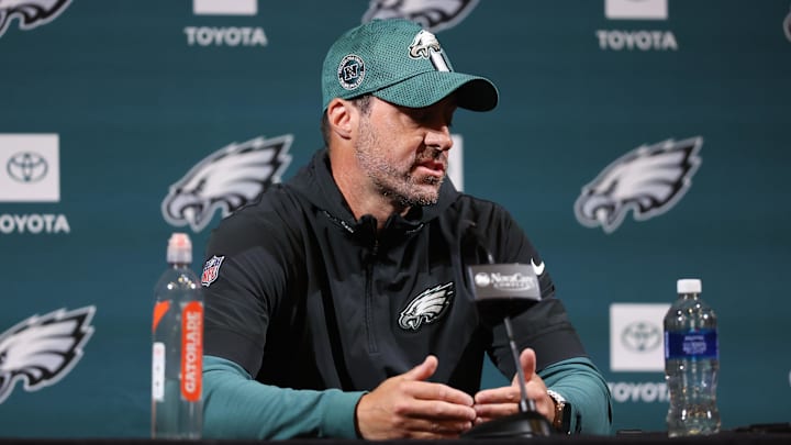 May 28, 2025; Philadelphia, PA, USA;  Philadelphia Eagles offensive coordinator Kevin Patullo speaks with the media at NovaCare Complex. Mandatory Credit: Bill Streicher-Imagn Images