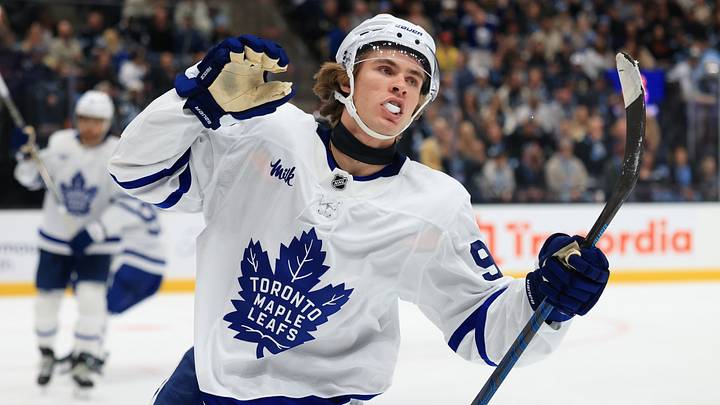 Oct 13, 2026; Salt Lake City, Utah, USA;  Toronto Maple Leafs left wing Gavin McKenna (92) celebrates a goal against the Utah Mammoth during the third period at Delta Center.  Mandatory Credit: Rob Gray-Imagn Images