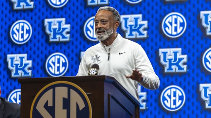 Oct 14, 2025; Birmingham, AL, USA; Kentucky Wildcats head coach Kenny Brooks talks with the media during SEC Media Days at Grand Bohemian Hotel. Mandatory Credit: Vasha Hunt-Imagn Images