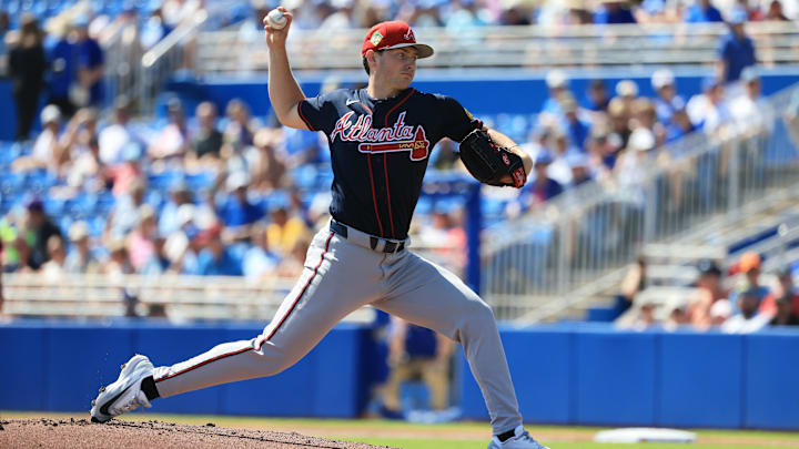 Mar 10, 2026; Dunedin, Florida, USA; Atlanta Braves starting pitcher JR Ritchie (92) throws a pitch during the first inning against the Toronto Blue Jays at TD Ballpark. Mandatory Credit: Kim Klement Neitzel-Imagn Images