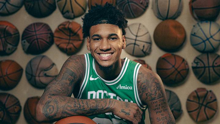 Dillon Mitchell #20 of the Boston Celtics poses for a portrait. (Photo by Carmen Mandato/Getty Images)