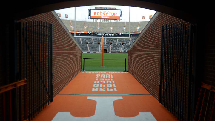 The gate leading to the field from the locker rooms. It was open for The Volunteer Club to get photos taken. The club gathered for Night in Neyland where they watched the Tennessee football game from the Social Deck in the stadium. Sept. 16, 2023.