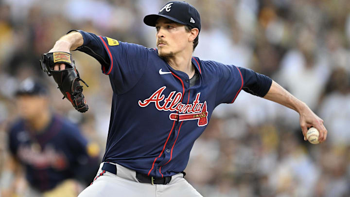 Oct 2, 2024; San Diego, California, USA; Atlanta Braves pitcher Max Fried (54) throws during the first inning of game two in the Wildcard round for the 2024 MLB Playoffs against the San Diego Padres at Petco Park. Mandatory Credit: Denis Poroy-Imagn Images