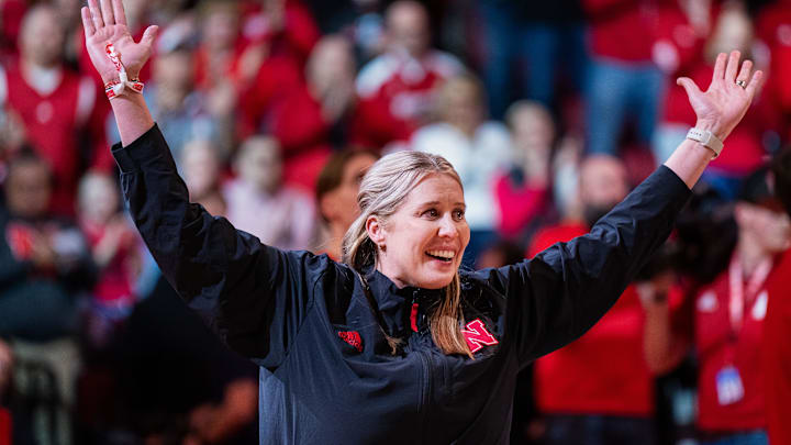 Jan 30, 2025; Lincoln, Nebraska, USA; Nebraska Cornhuskers volleyball head coach Dani Busboom Kelly is introduced during a break in the first half against the Illinois Fighting Illini at Pinnacle Bank Arena.