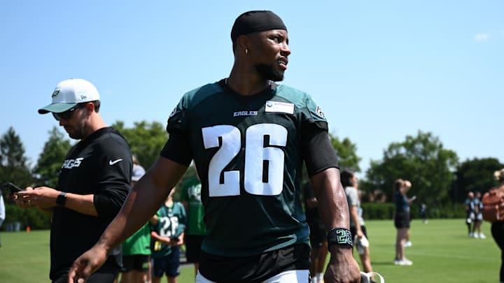 Jul 24, 2025; Philadelphia, PA, USA; Philadelphia Eagles running back Saquon Barkley (26) looks on during training camp at NovaCare Complex. Mandatory Credit: Kyle Ross-Imagn Images Jul 24, 2025; Philadelphia, PA, USA; Philadelphia Eagles running back Saquon Barkley (26) looks on during training camp at NovaCare Complex. Mandatory Credit: Kyle Ross-Imagn Images