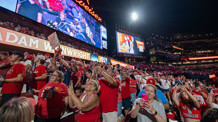 Sep 30, 2023; St. Louis, Missouri, USA; Adam Wainwright (50) plays a special 3-song concert for fans