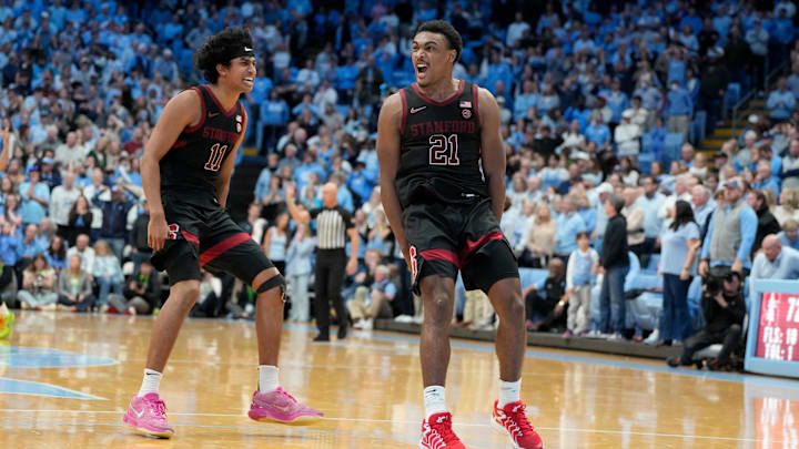 Jan 18, 2025; Chapel Hill, North Carolina, USA; Stanford Cardinal guard Jaylen Blakes (21) reacts with guard Ryan Agarwal (11) after hitting the game winning shot in the second half at Dean E. Smith Center. Mandatory Credit: Bob Donnan-Imagn Images