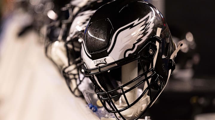 Nov 27, 2022; Philadelphia, Pennsylvania, USA; Philadelphia Eagles helmets on the players bench in a game against the Green Bay Packers at Lincoln Financial Field. Mandatory Credit: Bill Streicher-Imagn Images