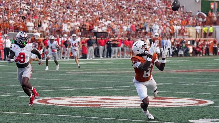 Sep 12, 2026; Austin, Texas, USA; Texas Longhorns wide receiver Cam Coleman (8) prepares to catch a pass before an interception was made by Ohio State Buckeyes safety Jaylen McClain (8) during the first half at Darrell K Royal-Texas Memorial Stadium. Mandatory Credit: Scott Wachter-Imagn Images Sep 12, 2026; Austin, Texas, USA; Texas Longhorns wide receiver Cam Coleman (8) prepares to catch a pass before an interception was made by Ohio State Buckeyes safety Jaylen McClain (8) during the first half at Darrell K Royal-Texas Memorial Stadium. Mandatory Credit: Scott Wachter-Imagn Images