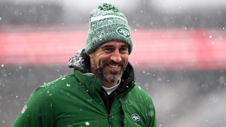 Jan 7, 2024; Foxborough, Massachusetts, USA; New York Jets quarterback Aaron Rodgers (8) walks off of the field before a game against the New England Patriots at Gillette Stadium. Jan 7, 2024; Foxborough, Massachusetts, USA; New York Jets quarterback Aaron Rodgers (8) walks off of the field before a game against the New England Patriots at Gillette Stadium.
