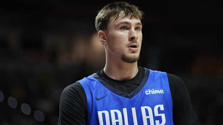 Dallas Mavericks forward Cooper Flagg (32) looks on against the San Antonio Spurs. Dallas Mavericks forward Cooper Flagg (32) looks on against the San Antonio Spurs.