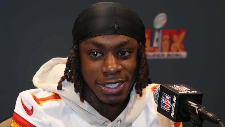 Feb 5, 2025; New Orleans, LA, USA; Kansas City Chiefs wide receiver Xavier Worthy (1) in a press conference ahead of Super Bowl LIX at New Orleans Marriott. Mandatory Credit: Kirby Lee-Imagn Images Feb 5, 2025; New Orleans, LA, USA; Kansas City Chiefs wide receiver Xavier Worthy (1) in a press conference ahead of Super Bowl LIX at New Orleans Marriott. Mandatory Credit: Kirby Lee-Imagn Images