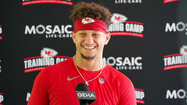Jul 26, 2024; Kansas City, MO, USA; Kansas City Chiefs quarterback Patrick Mahomes (15) speaks to the media after training camp at Missouri Western State University. Mandatory Credit: Denny Medley-Imagn Images